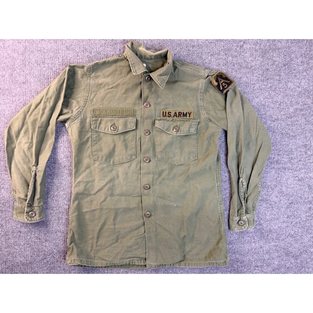 Vintage US Army OG-107 Utility Shirt Green Cotton Sateen Military Jacket Small
